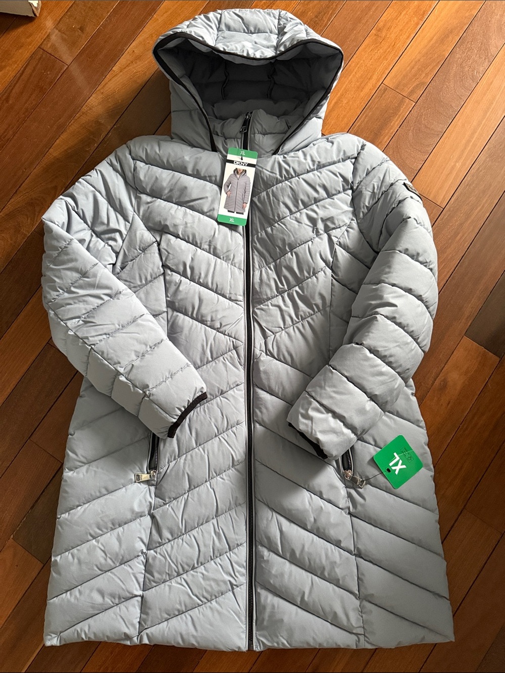 DKNY Light Gray Quilted Hooded Puffer Jacket